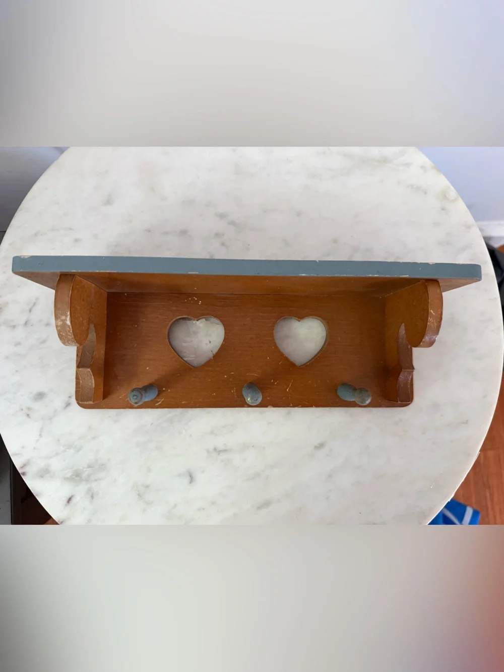 Vintage Wood Wall Shelf Heart Cut Outs 3 Pegs 12
